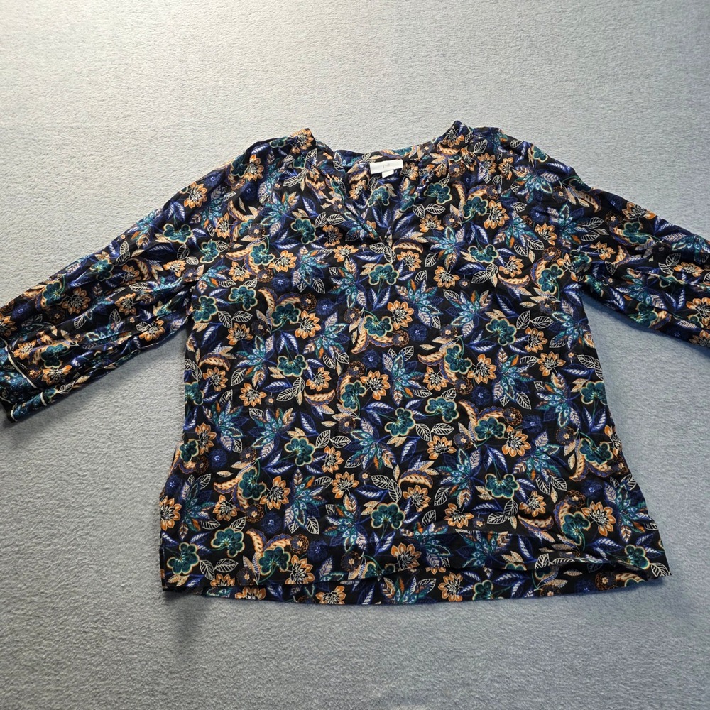J.Jill Split Neck Top Petite Medium Floral Print Blouse Blue Long Sleeve Casual